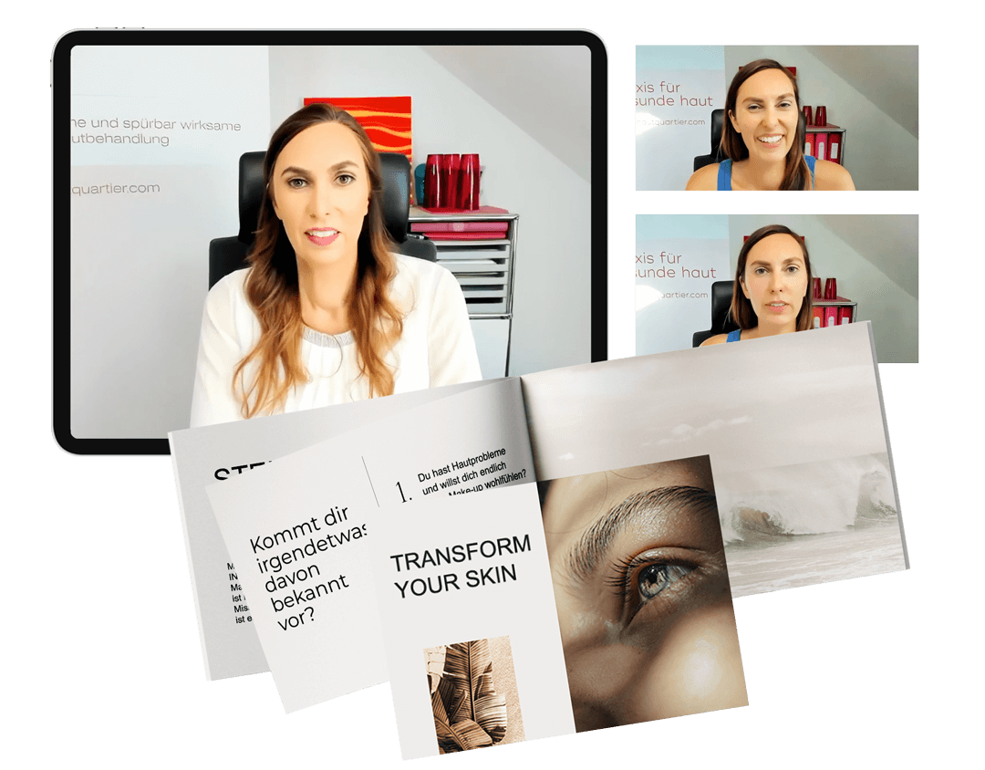 Eine Frau mit langen braunen Haaren ist auf drei Bildern zu sehen, auf zweien spricht sie und auf einem ist ein professionelles Porträt zu sehen. Sie sitzt vor einer weißen Wand mit gerahmten Kunstwerken und einem Bücherregal. Im Vordergrund sind aufgeschlagene Zeitschriftenseiten mit Hautpflegeinhalten und einer Nahaufnahme eines Auges zu sehen.